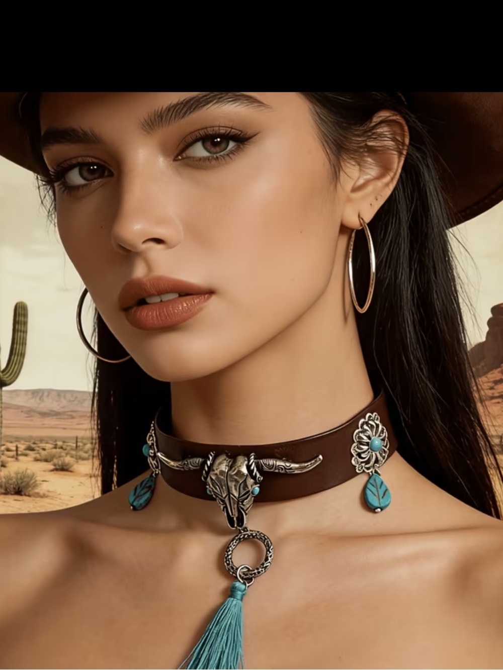 Western Brown Leather Choker with Turquoise Accents